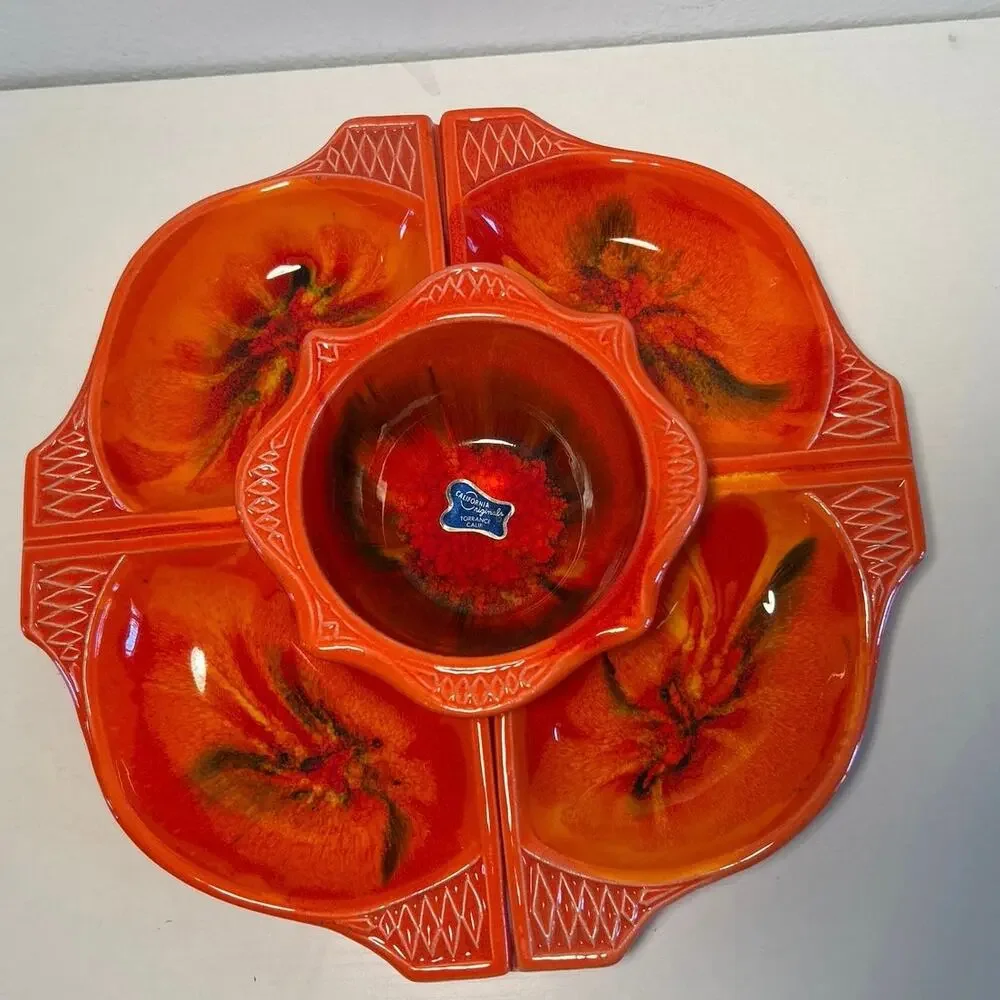 Art Deco 60’s Calif Originals Lazy Susan Chips & Dip Serving Dish Orange Lava